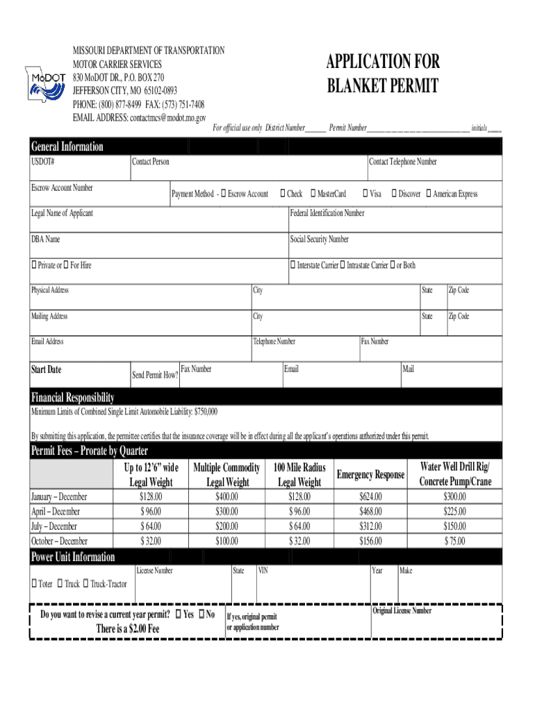 MISSOURI DEPARTMENT of TRANSPORTATION Instructions for Completing a Blanket Permit Application  Form