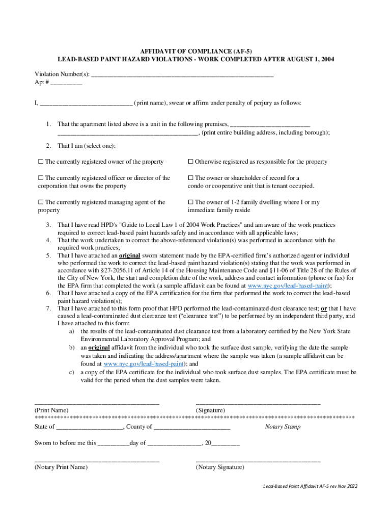 Form AF 5 Lead Based Paint Affidavit of Compliance
