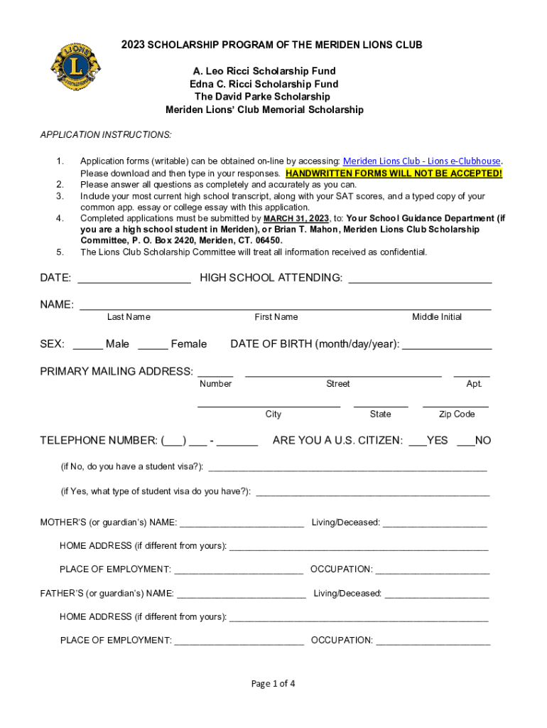 SCHOLARSHIP PROGRAM of the MERIDEN LIONS CLUB  Form