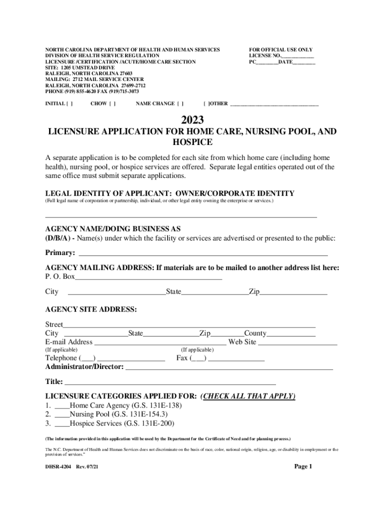 Licensure Application for Home Care NC Department of  Form