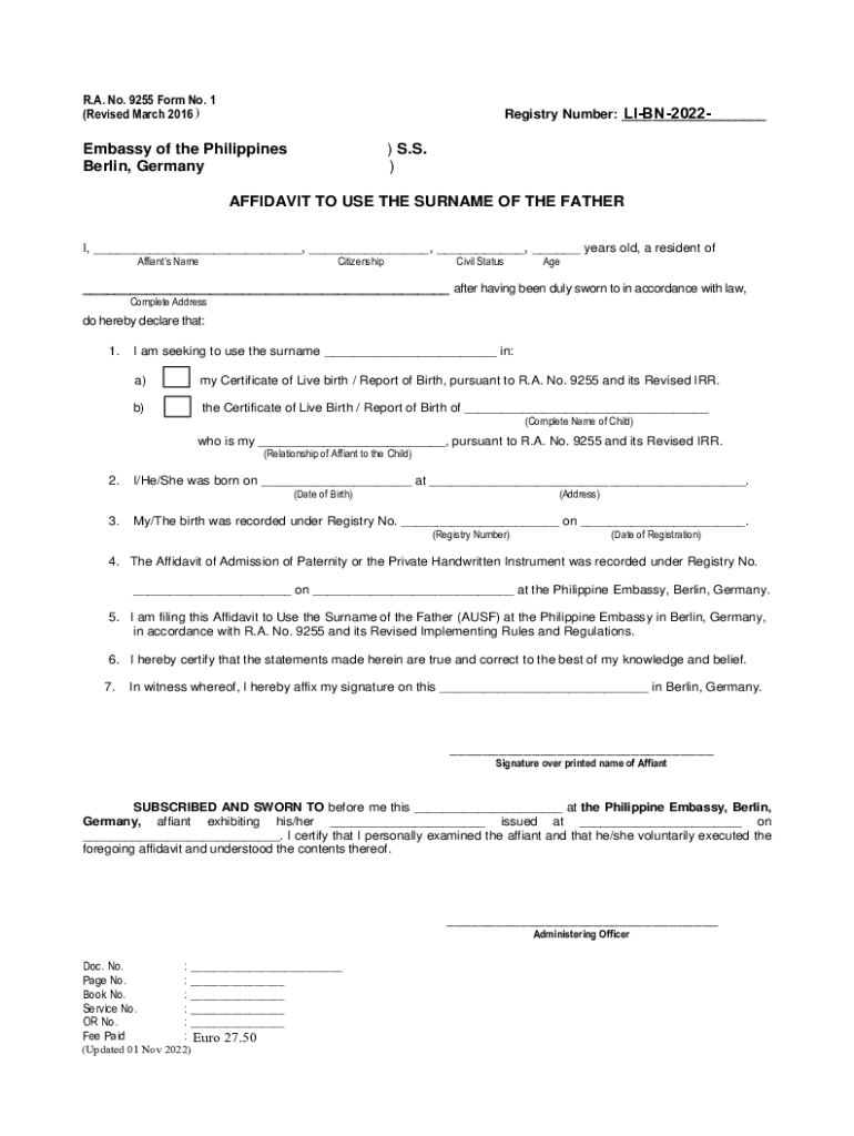 Affidavit to Use the Surname of the Father AUSF VFS Global  Form