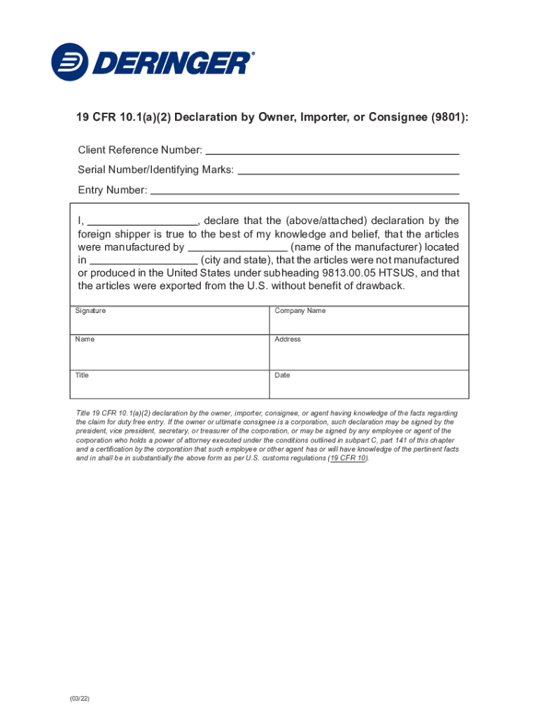 19 CFR 10 1a2 Declaration by Owner, Importer, or Consignee  Form