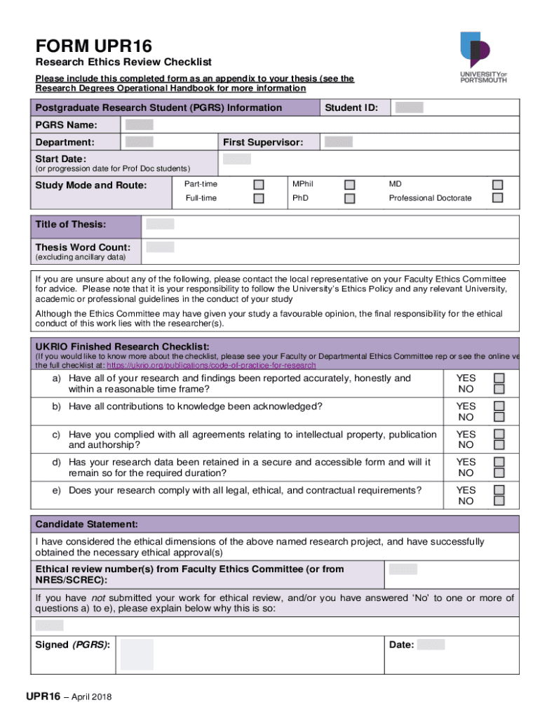  FORM UPR16 Research Ethics Review Checklist Please 2018-2024