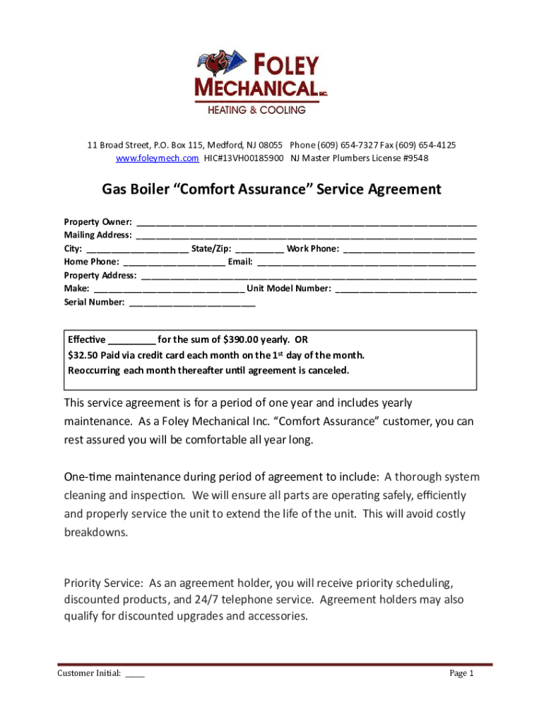 Tankless Water Heater Comfort Assurance Service Agreement  Form