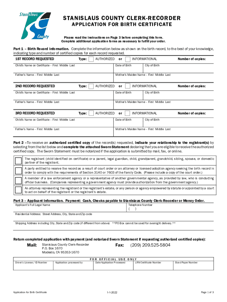 Stanislaus County Clerk Recorder Application for Birth Certificate  Form