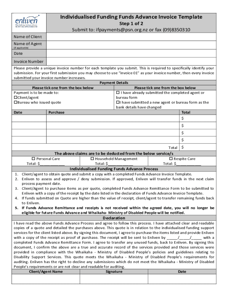 Individualised Funding Funds Advance Invoice Template  Form