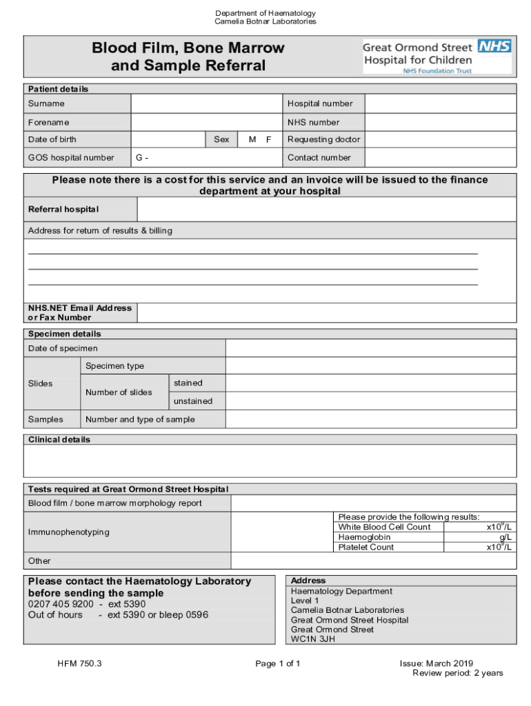 Blood Film, Bone Marrow and Sample Referral  Form