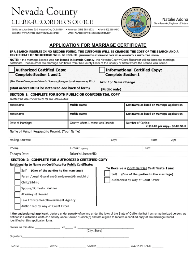  Marriage CertificateNevada County, CA 2023-2024