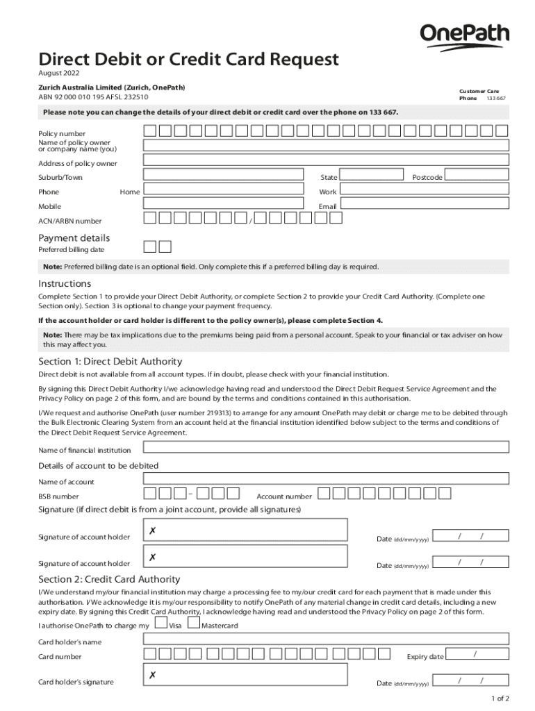  Direct Debit Request Service Agreement Zurich 2022-2024