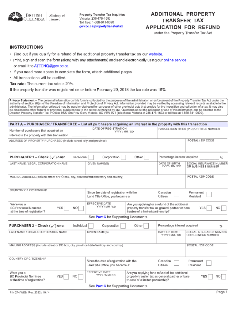  FIN 274, Additional Property Transfer Tax Application for Refund 2022-2024