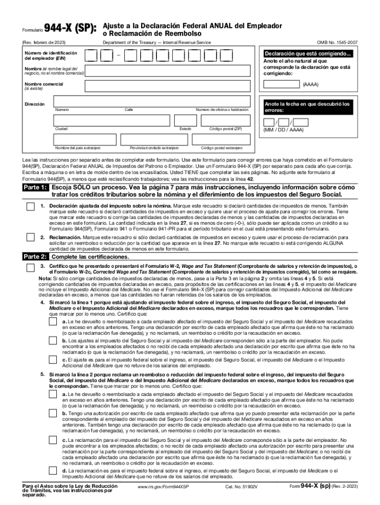 Form 944 X SP Rev February Adjusted Employers ANNUAL Federal Tax Return or Claim for Refund Spanish Version