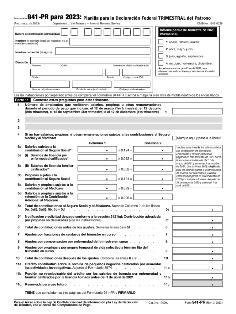  Form 941 PR Rev March Employer&#039;s Quarterly Federal Tax Return Puerto Rican Version 2023-2024