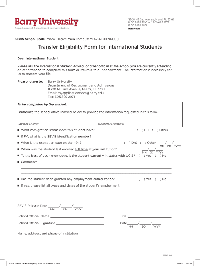 Transfer Eligibility Form for International Students