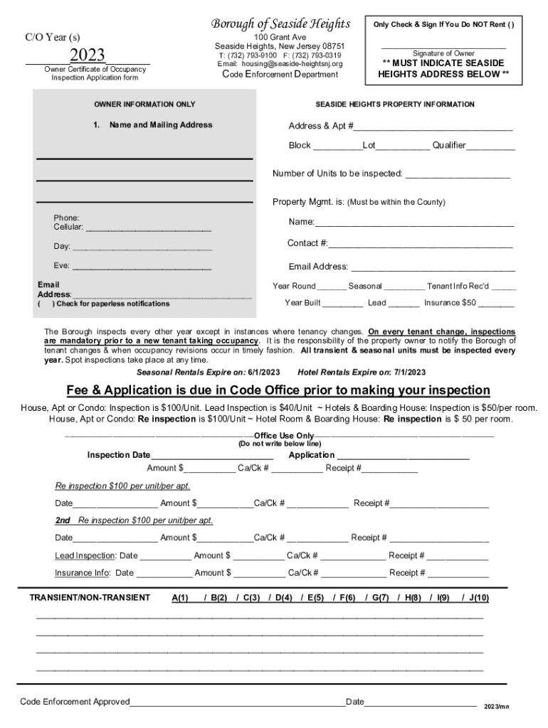Rental CO Inspection Application Borough of Seaside Heights  Form