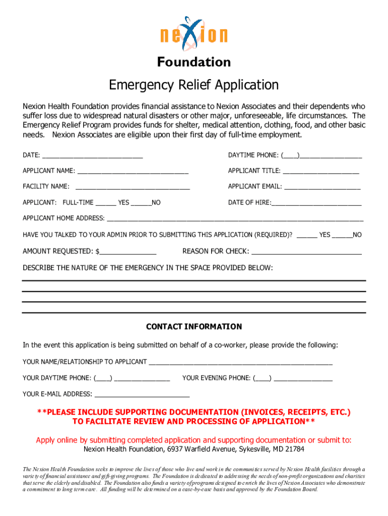 Emergency Relief Application Foundation Nexion Health  Form
