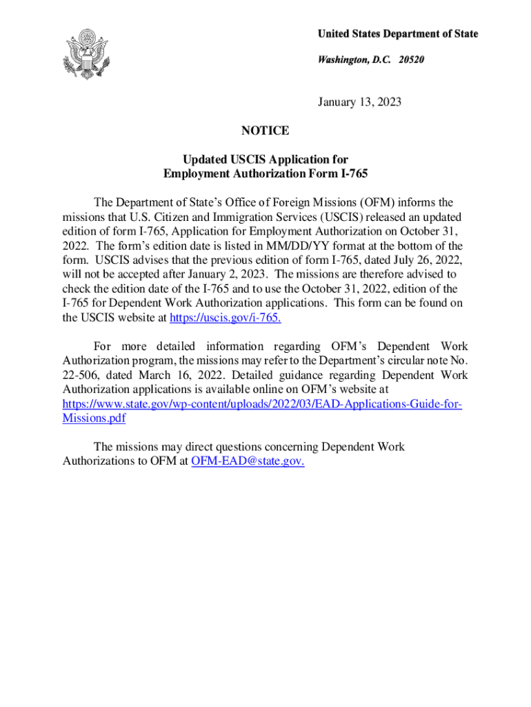 January 13, NOTICE Updated USCIS Application for  Form