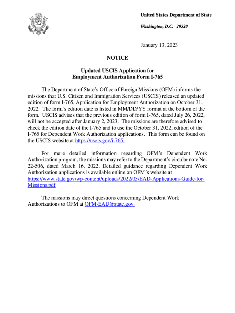 January 13, NOTICE Updated USCIS Application for Form