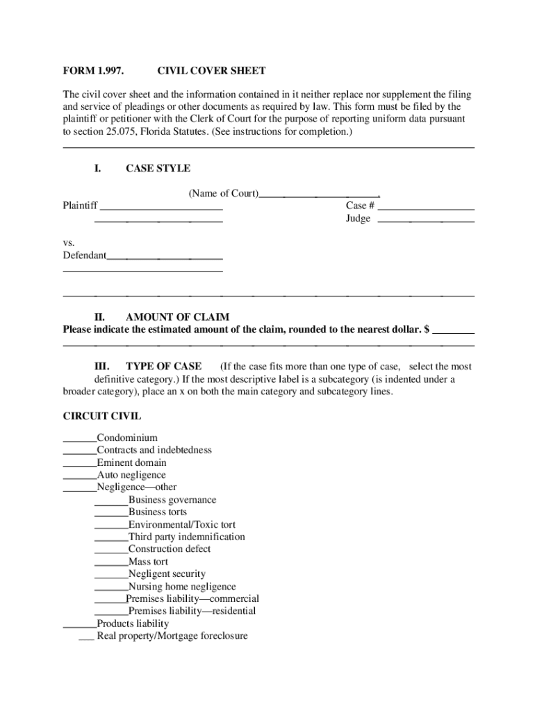 Form 1 997 Civil Cover Sheet