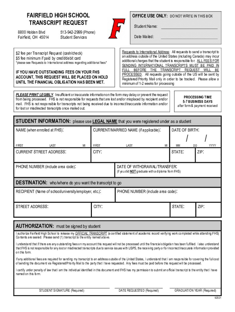 Fairfield High School Transcript Request NeedMyTranscript  Form