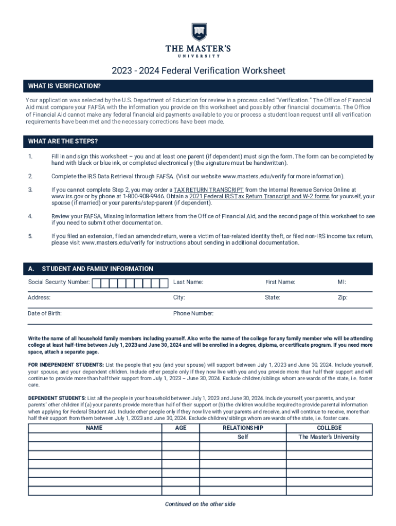 FA VERIFICATION WORKSHEET  Form