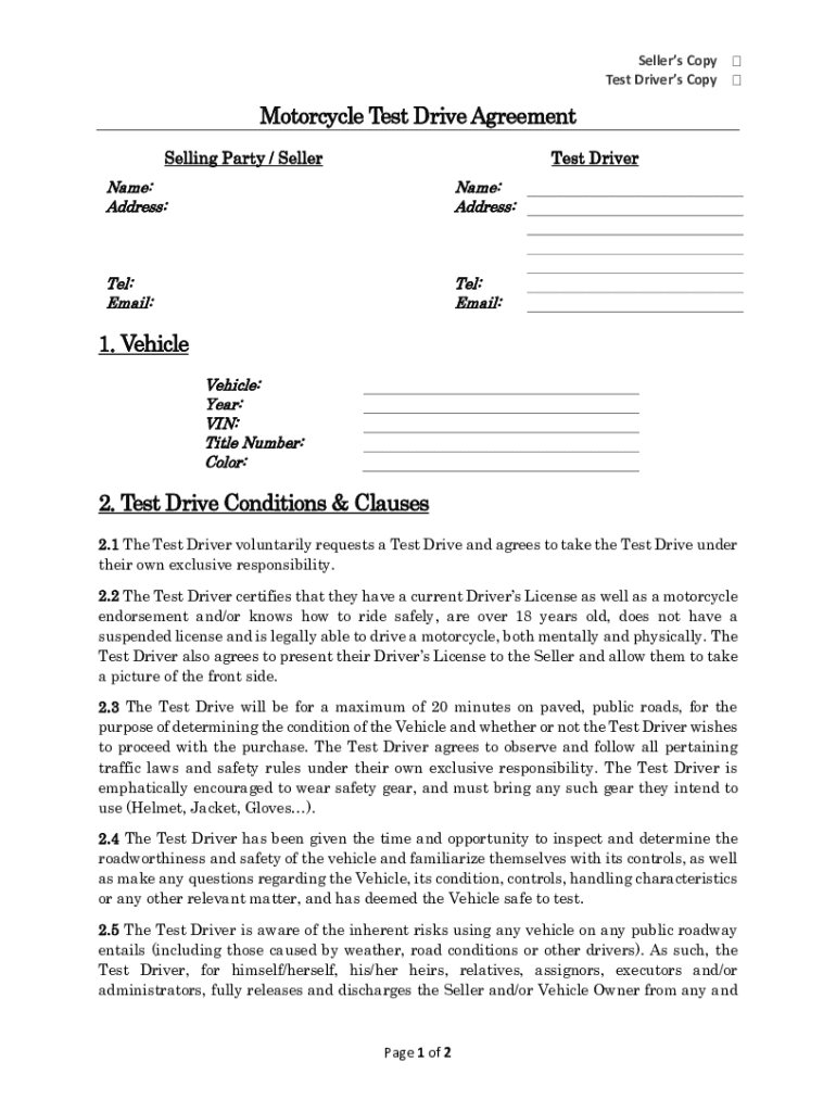 Motorcycle Test Drive Agreement  Form