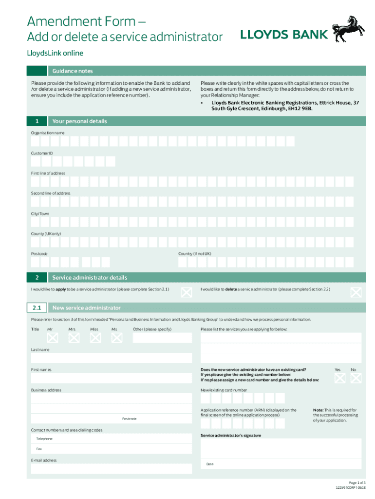  Lloyds Bank Service Administrator Amendment Form 2018
