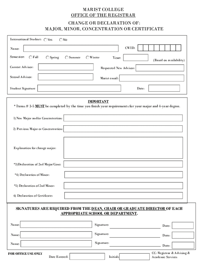 Marist College Office of the Registrar Change or Declaration of  Form