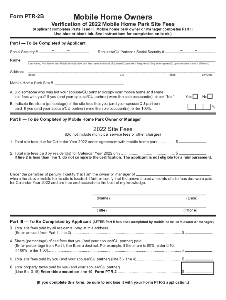  Mobile Home Owners Verification of Mobile Home Park Site Fees for Use with Form PTR 2 Mobile Home Owners Verification of Mobile  2023