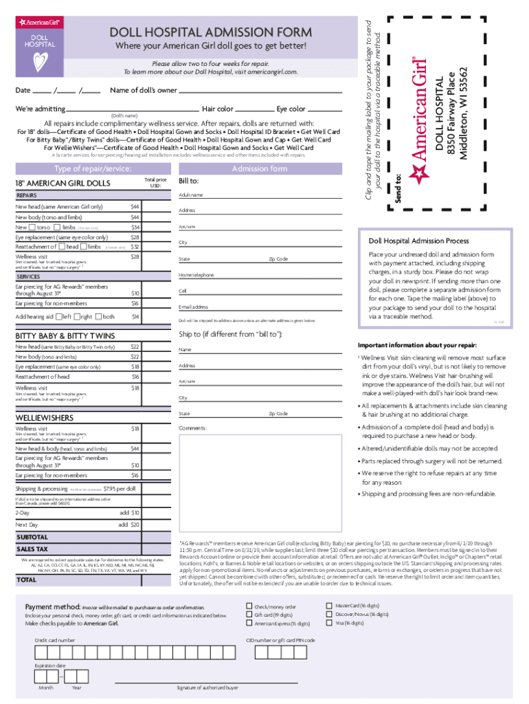 CANADA DOLL HOSPITAL ADMISSION FORM