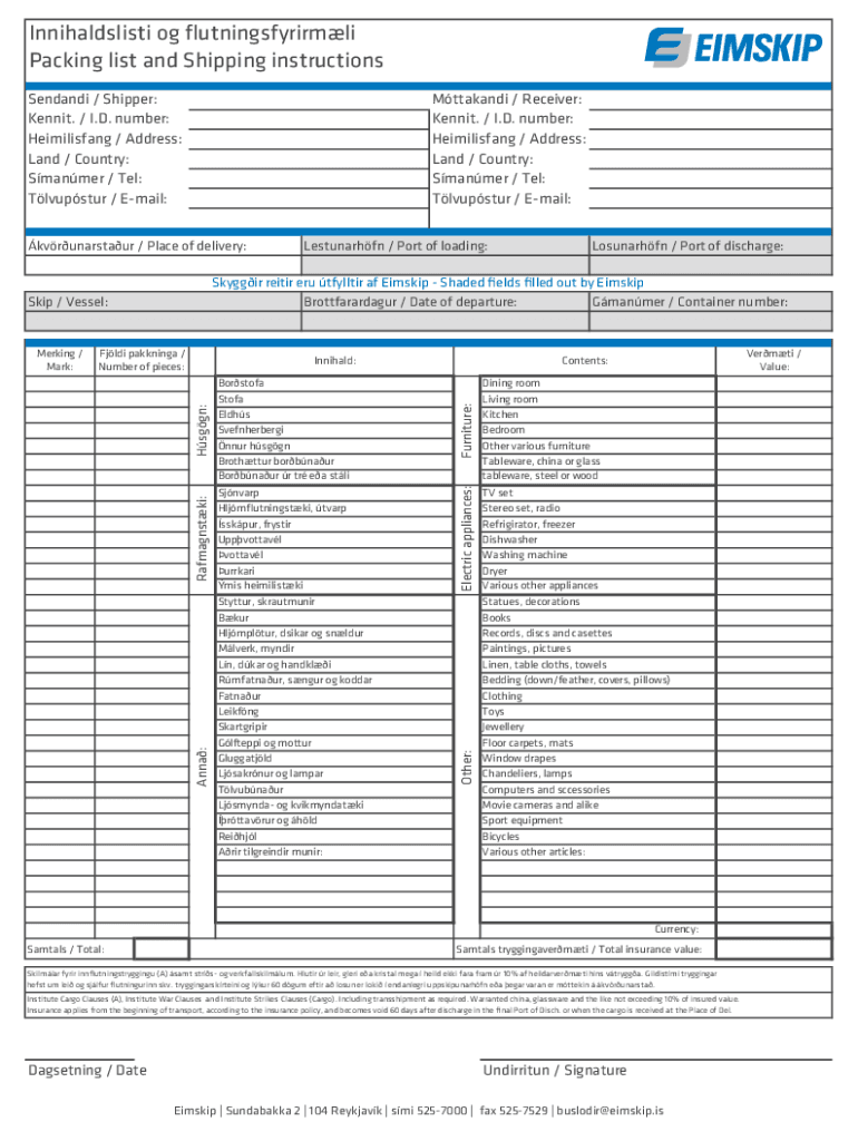  Innihaldslisti Og Flutningsfyrirmli Packing List and Shipping 2019-2024