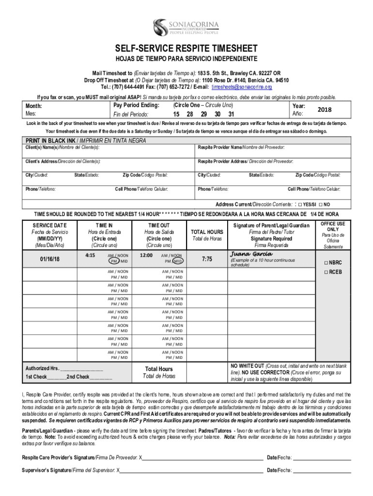 Respite Timesheet Fill Online, Printable, Fillable, Blank  Form