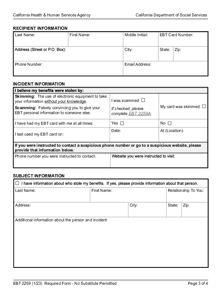 EBT 2259 123 Report of Electronic Theft of Benefits Required Form No Substitutes Permitted PDF