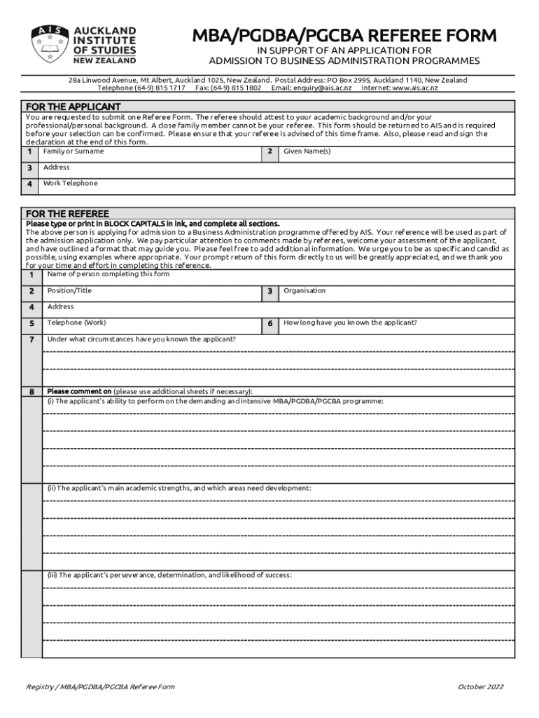 MBAPGDBA REFEREE FORM Auckland Institute of Studies