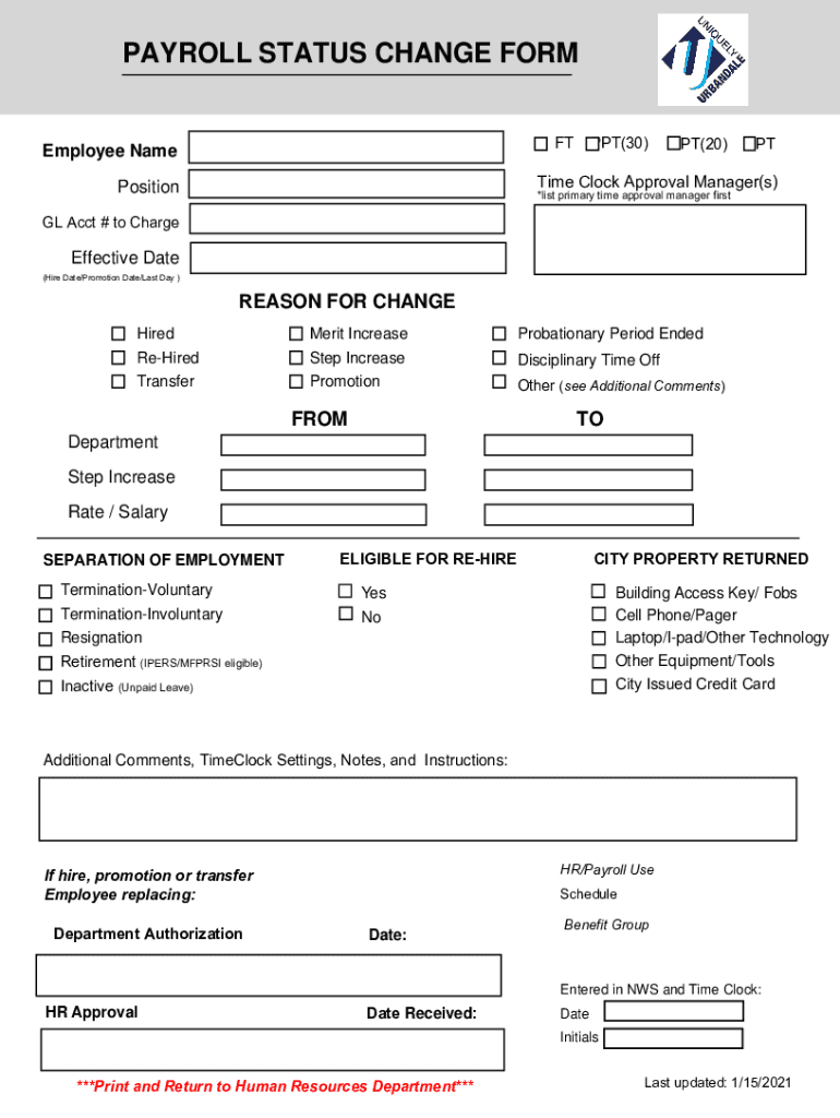  PAYROLL STATUS CHANGE FORM City of Urbandale 2021-2024