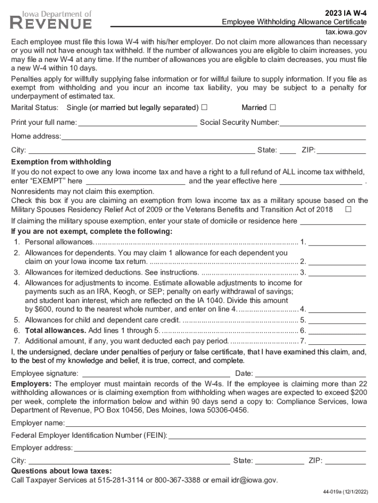 IA W 4 Employee Withholding Allowance Certificate Tax Iowa  Form