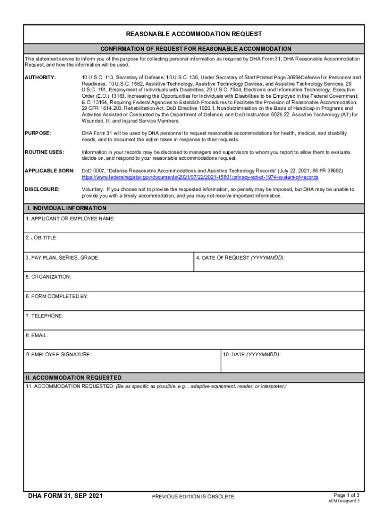  DHA Reasonable Accomodation Request 2021-2024