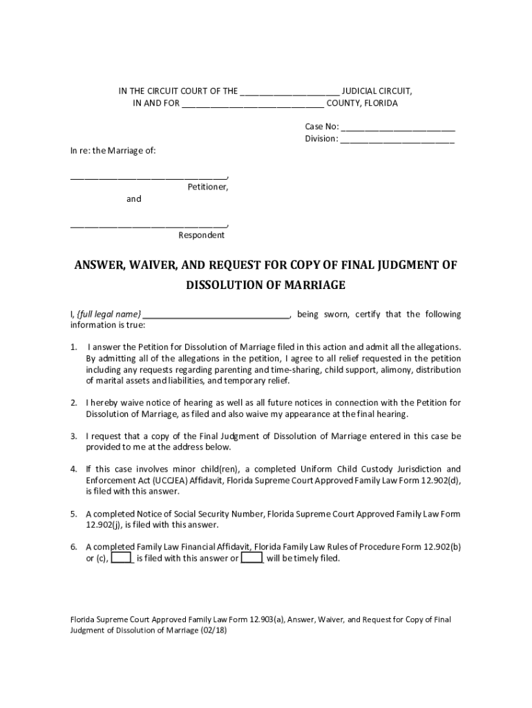  Florida Supreme Court Approved Family Law Form 12 903 a Answer, Waiver, and Request for Copy of Final Judgment of Dissolution of 2018-2024