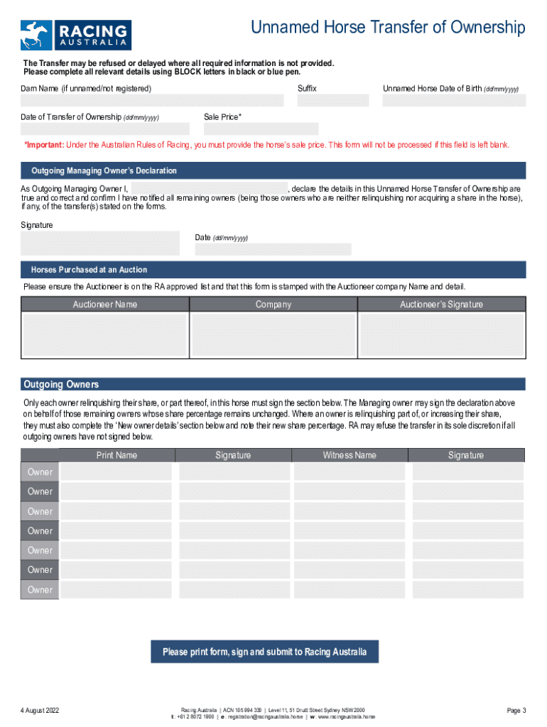  Horse Transfer of Ownership Submission Form 2022-2024