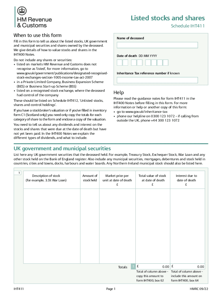 IHT411 Listed Stocks and Shares Schedule IHT411  Form