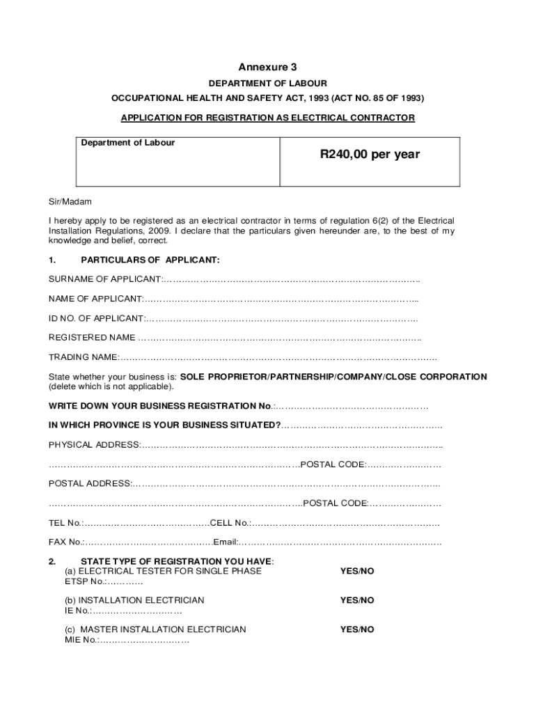 Department of Labour Electrical Contractor Registration Form
