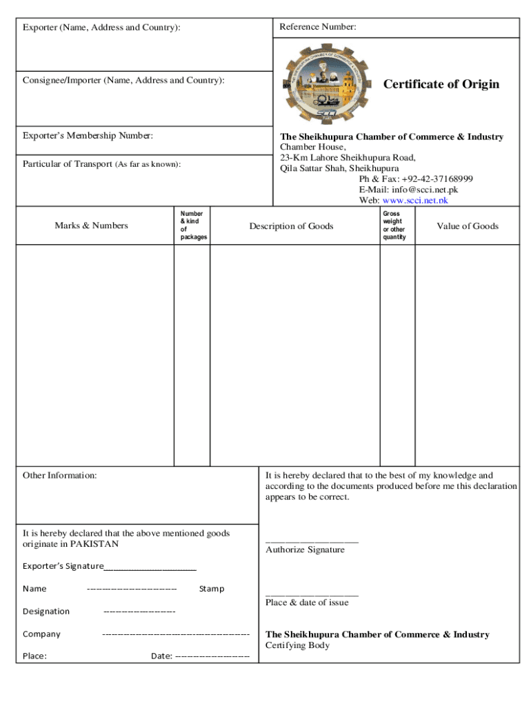  Certificate of Origin the Sheikhupura Chamber of Commerce 2015-2024
