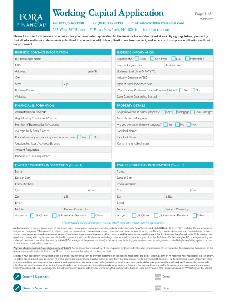 Working Capital Application Tel 212 9470100Fax  Form