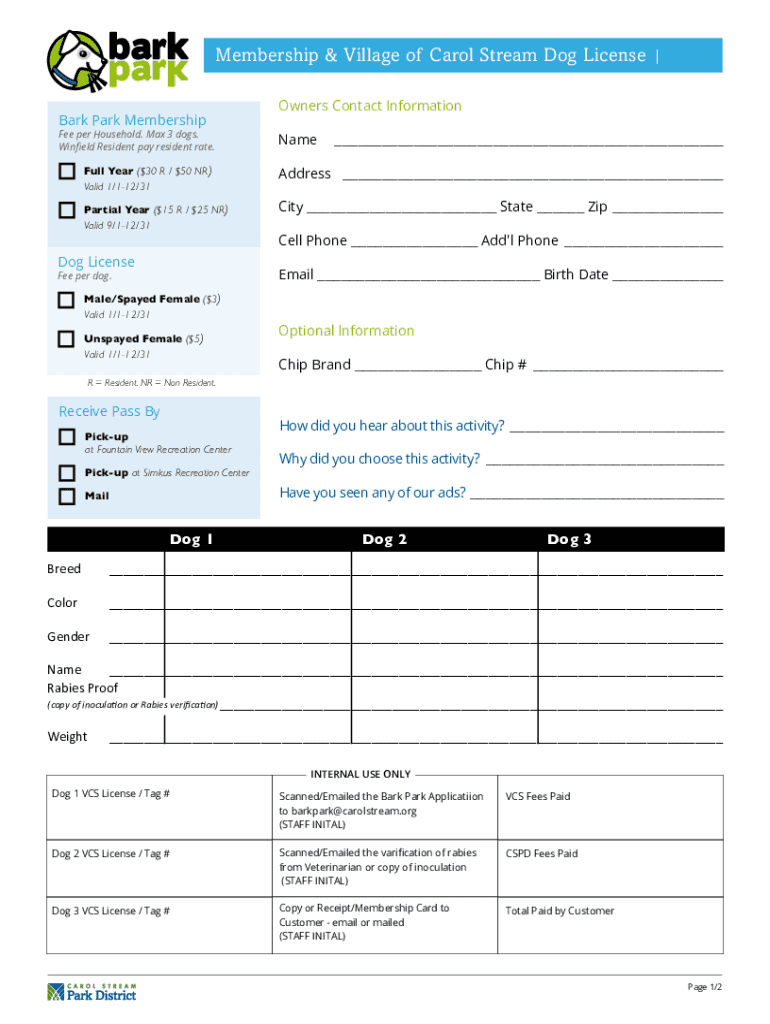 Membership &amp;amp; Village of Carol Stream Dog License  Form