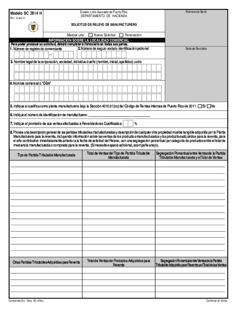 Puerto Rico Manufacturer's Exemption Application  Form