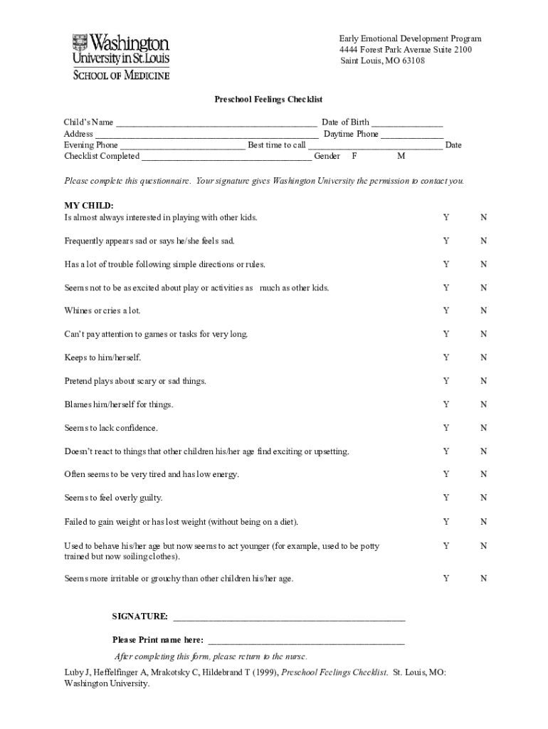  Preschool Feelings Checklist 2021-2024
