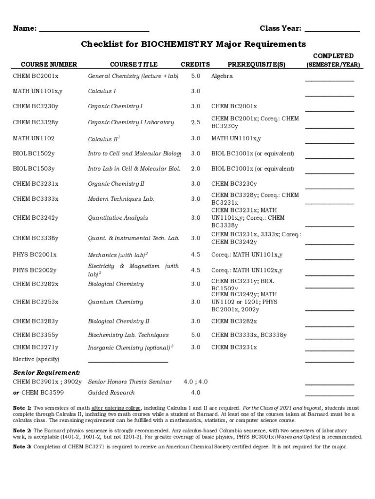 Major and Minor Requirements Barnard Chemistry  Form