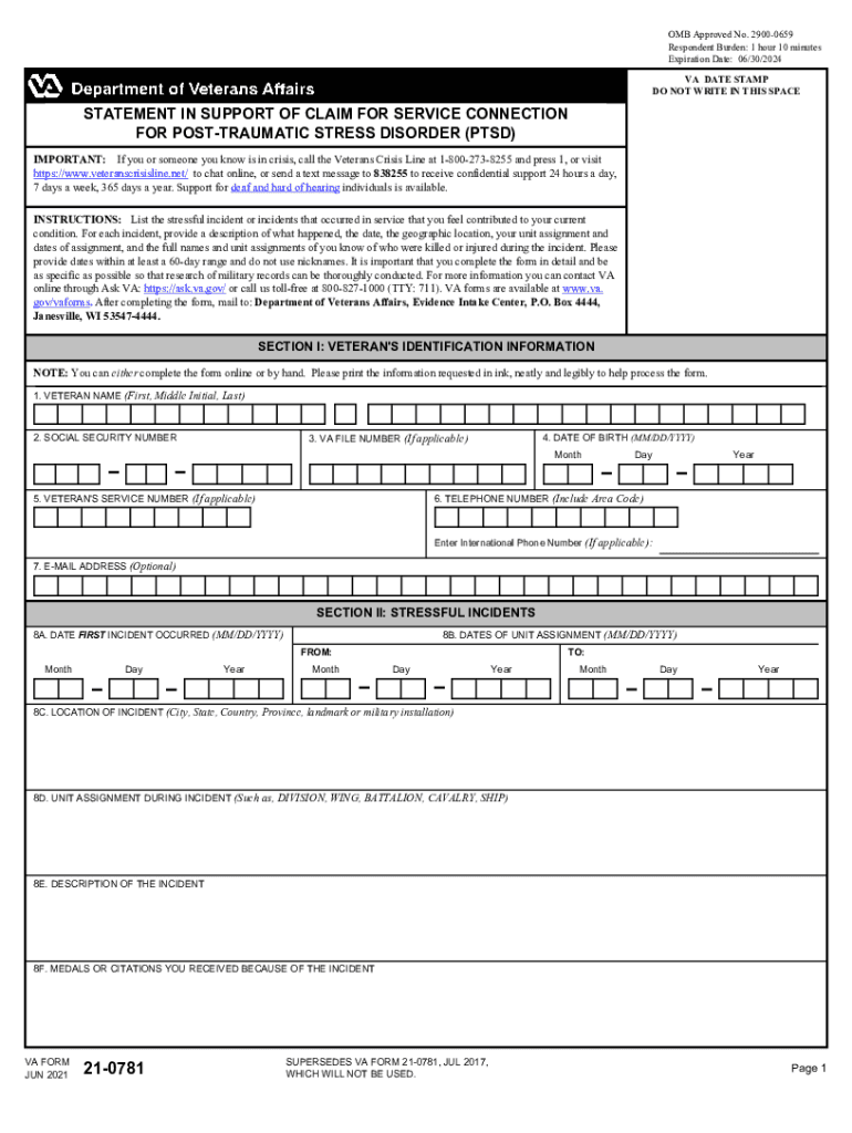  VA Form 21 0781 STATEMENT in SUPPORT of CLAIM for SERVICE CONNECTION for POST TRAUMATIC STRESS DISORDER P T S D 2021-2024