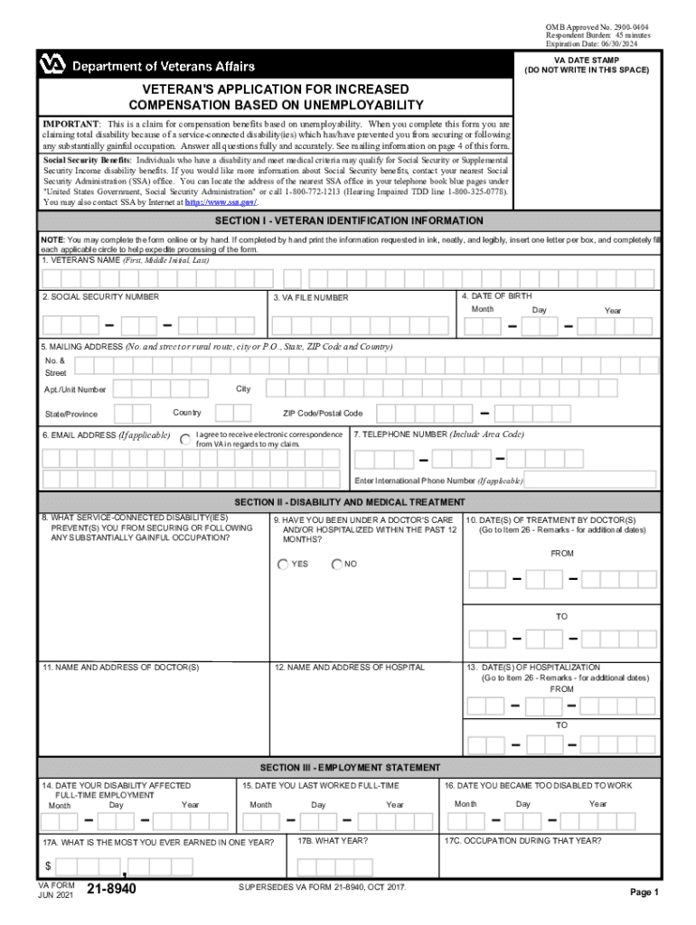  About VA Form 21 8940 2021-2024
