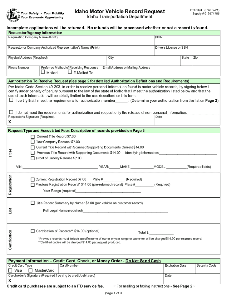  Idaho Motor Vehicle Driver&#039;s License Record Request 2021-2024