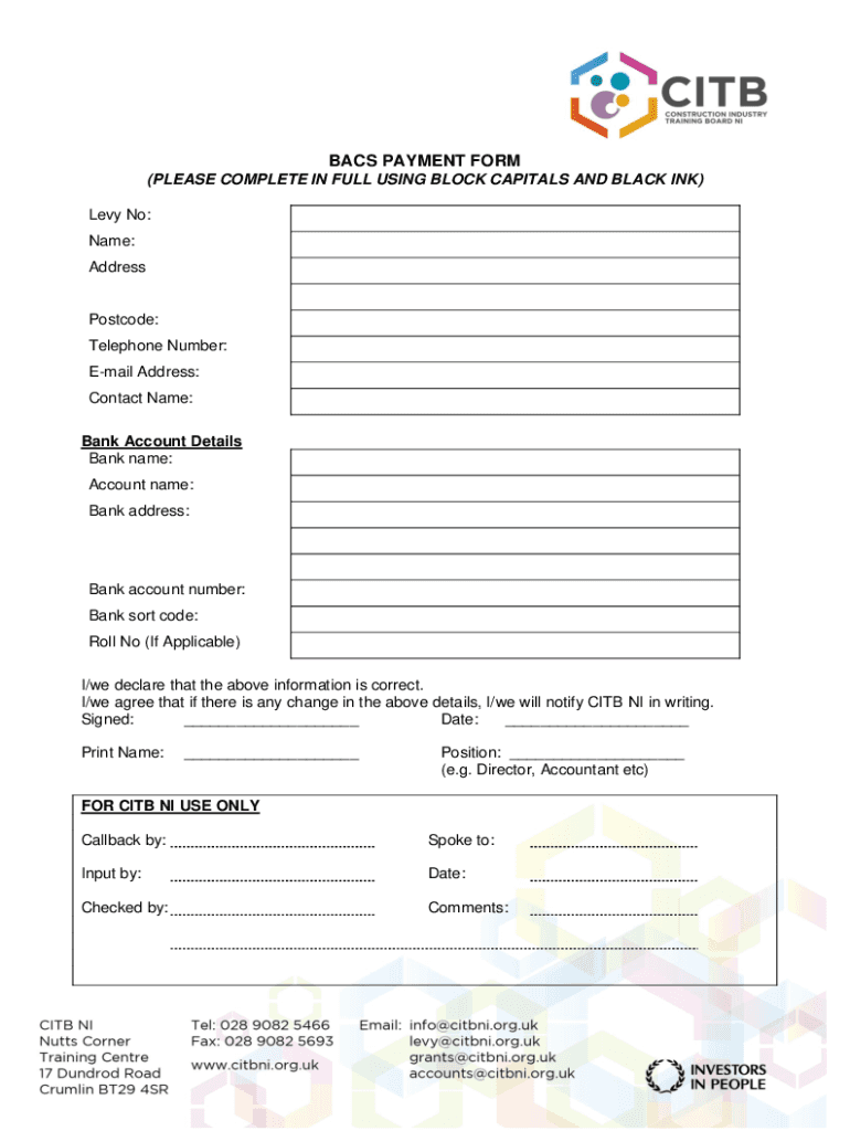 Fillable Bank Details Form for Bacs BACS Bank Details Form